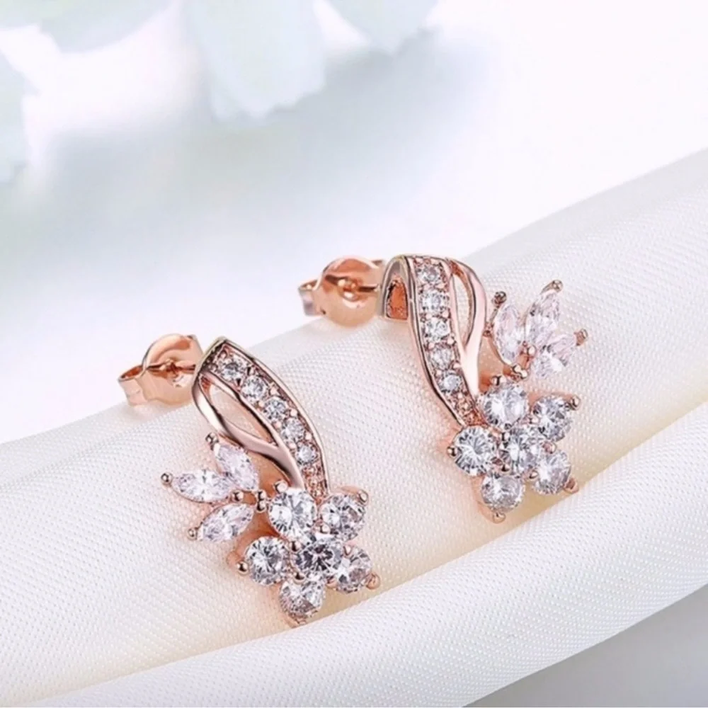 Rose Gold Leaf Earrings with Gemstones